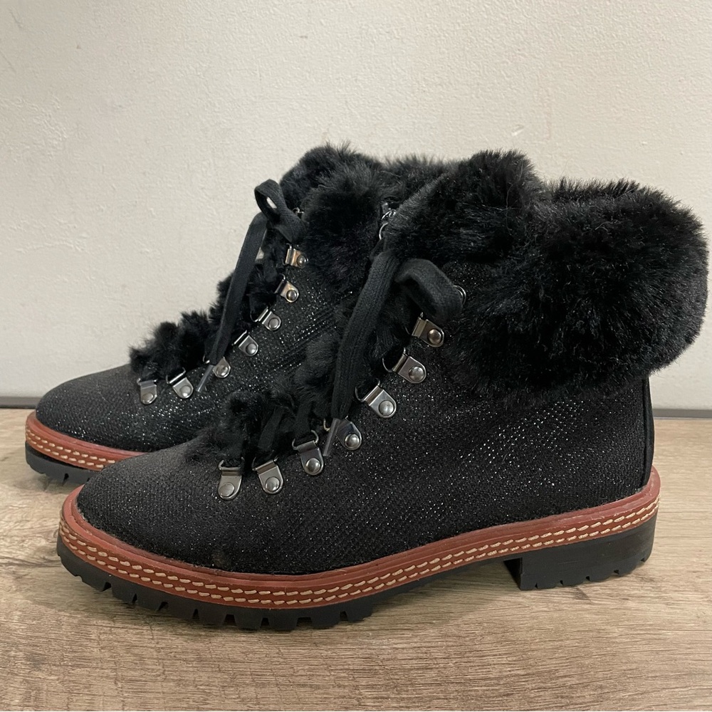 Women’s KATE SPADE Black Sparkle ROSALIE Fur Trimmed DESIGNER Boots BOOTIES  7